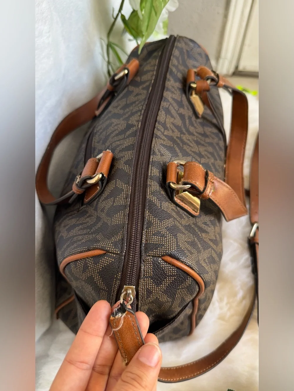 NX Noble Exchange Brown Monogram Large Satchel Shoulder Crossbody Bag